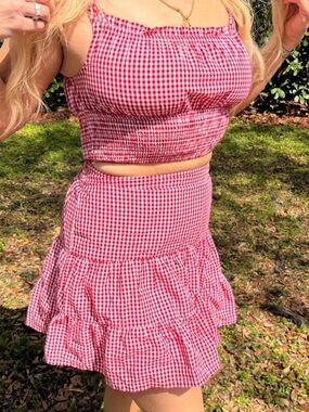 Red Gingham Ruffle Mini Skirt